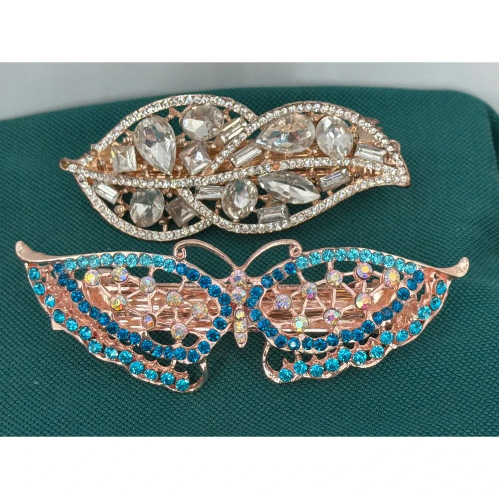 Rose Gold Rhinestone Hair Barrette Set Butterfly and Leaf Crystal Clips 2pc